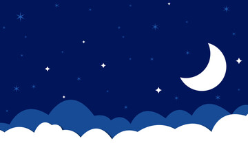 Obraz na płótnie Canvas Night sky background with half moon, clouds and stars. Moonlight night. Vector illustration.