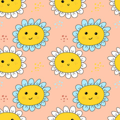 Cute daisy flower with face for kids stuff design, wrapping paper. Cartoon chamomile flowers seamless pattern on pink background. Cute daisy character with face.