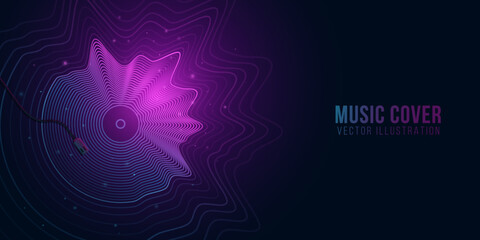 Abstract music plate of glowing vibrating lines for disco party design. Musical event cover. Sound vibrations with sparks. Vector illustration