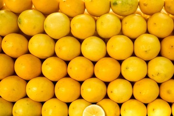 Lemons At Market. Colorful Display Of Lemons In A Market