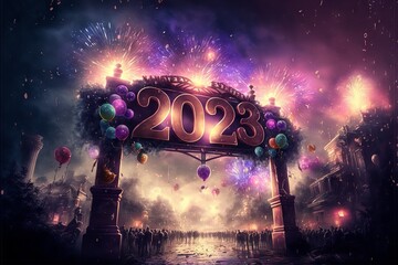A sign welcoming 2023 with crowds in the background, fireworks and color, NYE