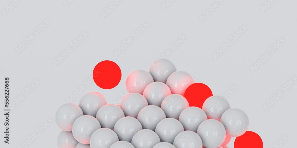 Poster 3d white cube with glowing red spheres. abstract primitive shapes on white background. 3d illustrati
