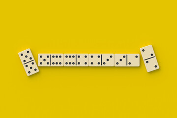 Domino tiles on yellow background. Board game. Top view. 3d render