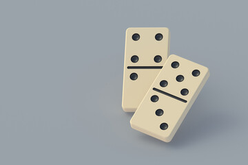 Domino tiles on gray background. Board game. Space for text. 3d render