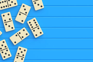 Strewn domino tiles on blue boards. Board game. Top view. Copy space. 3d render