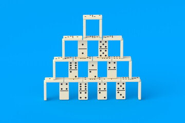 Domino tower on blue background. Board game. 3d render