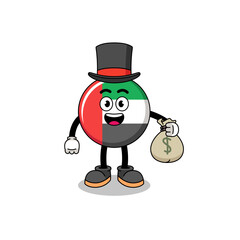 UAE flag mascot illustration rich man holding a money sack