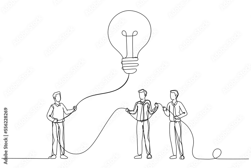 Wall mural Illustration of businessman holding lightbulb as kite. Imagination and creativity. Single line art style