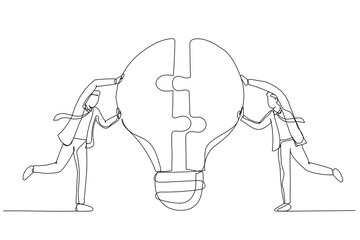 Drawing of businessman team members partner connect lightbulb jigsaw puzzle together. Teamwork or partnership. Single continuous line art style