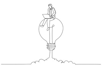 Illustration of businessman working on a soaring light bulb rocket. Working with creativity. Single line art style