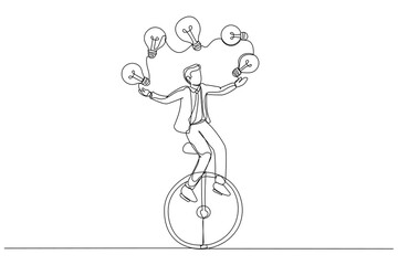 Drawing of businessman riding unicycle juggling lightbulb lamp. Plenty ideas. Single continuous line art style