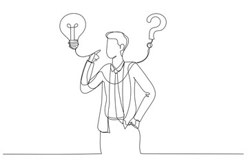 Drawing of businessman think of solution to solve problem with lightbulb and question mark. Solution to solve problem. Continuous line art style