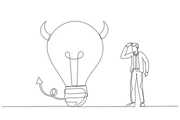 Cartoon of businessman looking at devil lightbulb doubting it bad idea. Stupid mistake or poor idea. One line art style