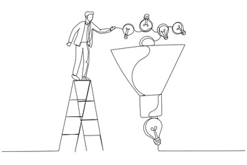 Drawing of businessman help put small lightbulb in funnel to get final idea. Idea funnel. Single continuous line art style