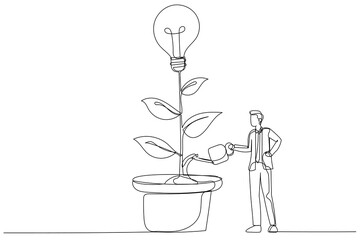 Illustration of businessman watering growing tree with lightbulb. People working together. Single line art style