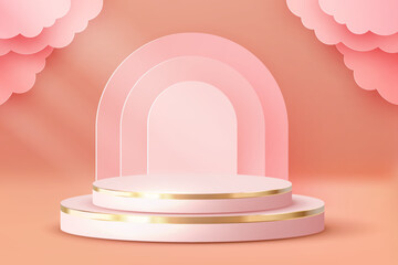 Luxury Pink Pastel Podium. Abstract scene background. Product presentation, mock up, show cosmetic product, Blank Podium, stage pedestal or platform. 3D Vector.