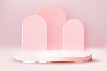 Luxury Pink Pastel Podium. Abstract scene background. Product presentation, mock up, show cosmetic product, Blank Podium, stage pedestal or platform. 3D Vector.