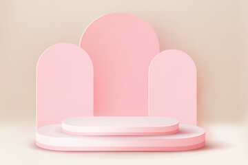 Luxury Pink Pastel Podium. Abstract scene background. Product presentation, mock up, show cosmetic product, Blank Podium, stage pedestal or platform. 3D Vector.