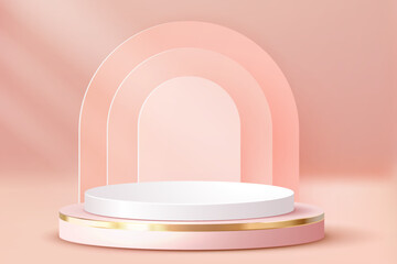 Luxury Pink Pastel Podium. Abstract scene background. Product presentation, mock up, show cosmetic product, Blank Podium, stage pedestal or platform. 3D Vector.
