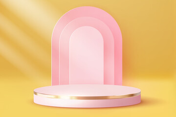 Luxury Pink Pastel Podium. Abstract scene background. Product presentation, mock up, show cosmetic product, Blank Podium, stage pedestal or platform. 3D Vector.