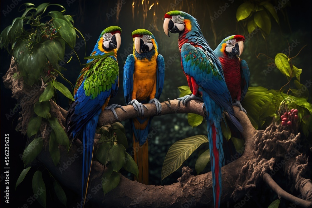 Poster three colorful macaws perched on a tree branch against a dark background the macaws are brightly col