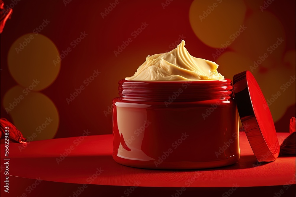 Aufkleber a jar of whipped cream sitting on a table with a red lid and a red box on the table. generative ai