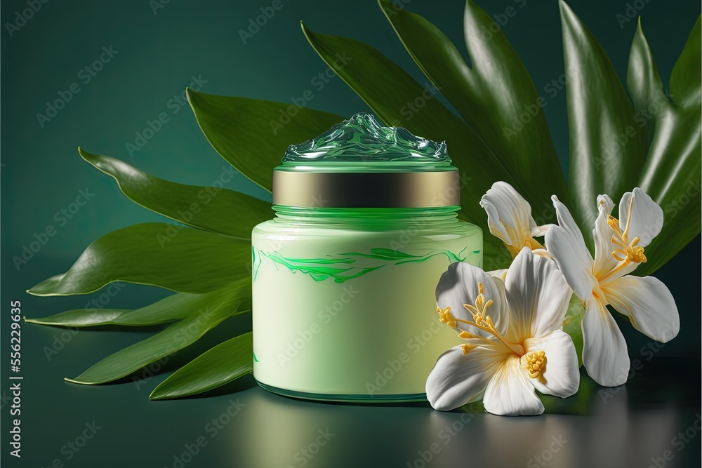 Poster a jar of cream with a flower on a table next to it and a green leafy background with a white flower.