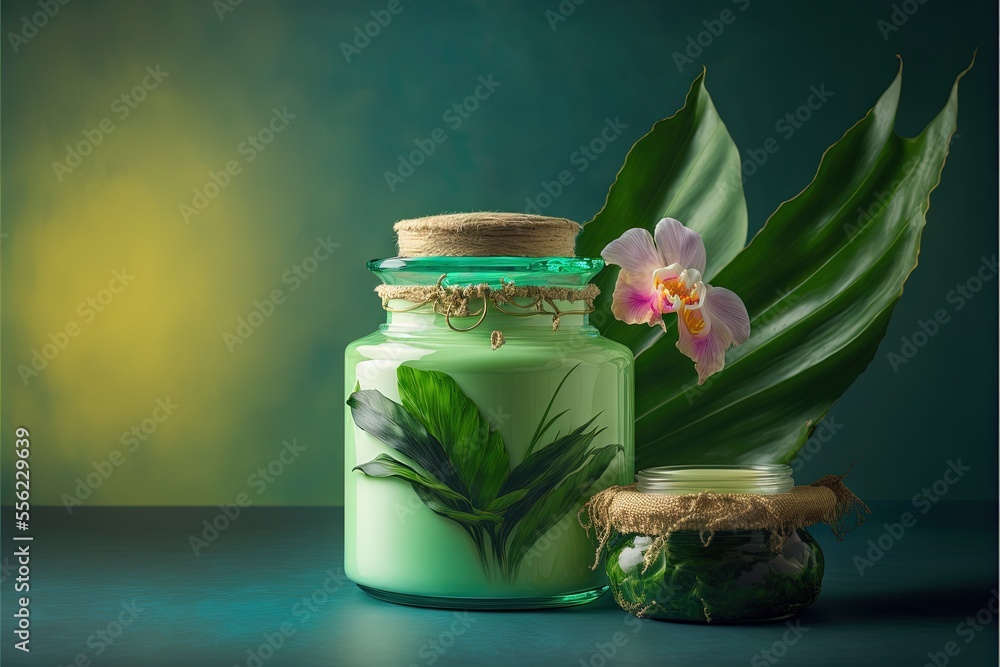 Poster a jar with a flower and a plant inside of it on a table next to a jar of leaves. generative ai