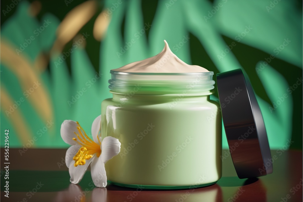 Poster a jar of cream next to a flower on a table with a green background and a white flower on the table. 