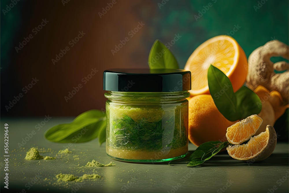 Poster a jar of green stuff next to some oranges and gingers on a table with leaves and ginger. generative 