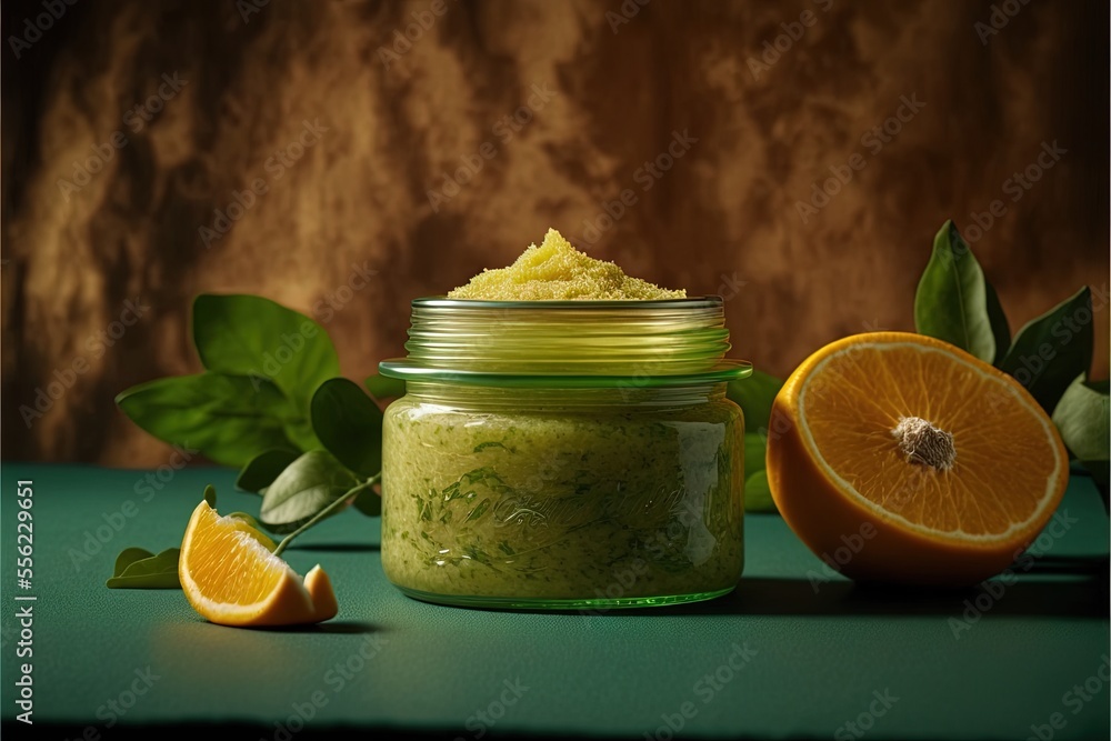 Poster a jar of green stuff next to an orange slice and a leafy branch on a table with a brown background. 
