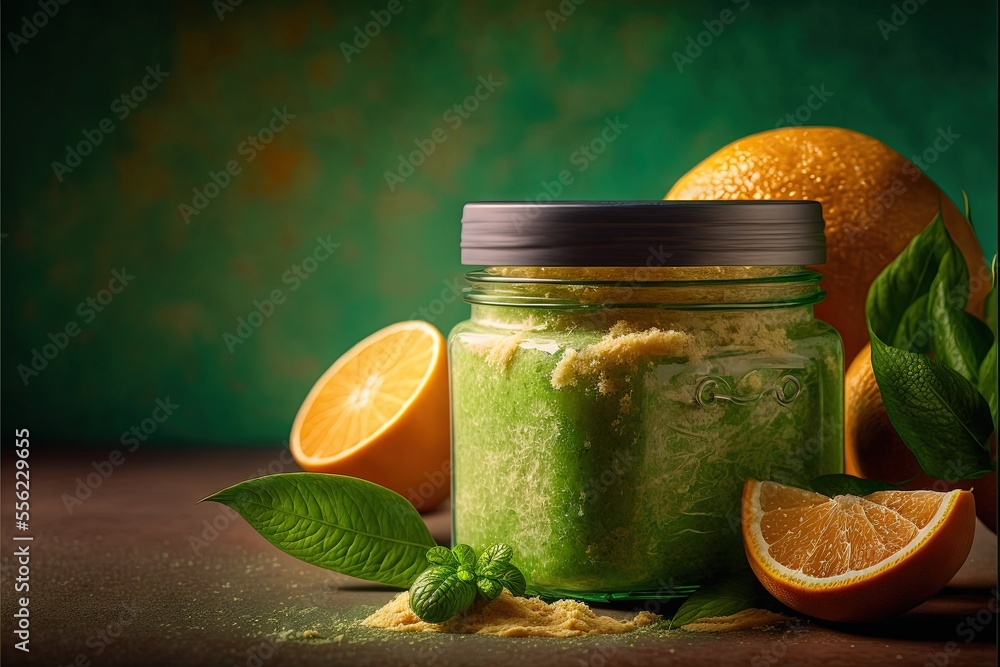 Poster a jar of green stuff surrounded by oranges and leaves on a table with a green background and a green