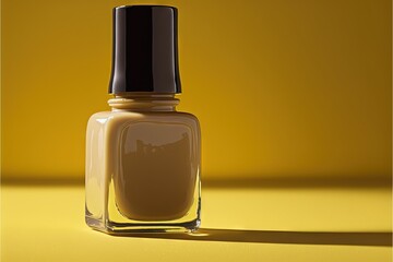  a bottle of nail polish sitting on a yellow surface with a black topper on it's tip. Generative AI