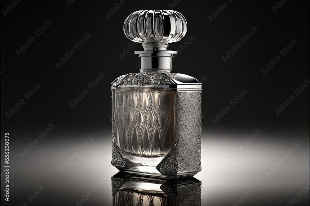 Poster a glass bottle with a silver top on a reflective surface with a black background and a reflection of