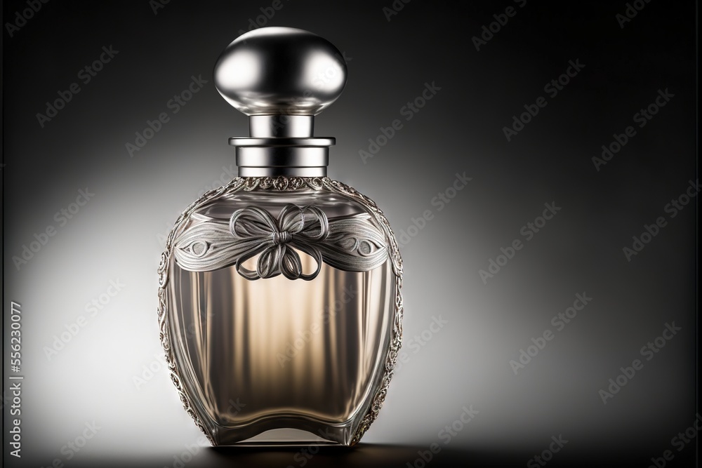 Poster a bottle of perfume with a bow on it's top and a black background behind it with a light. generative