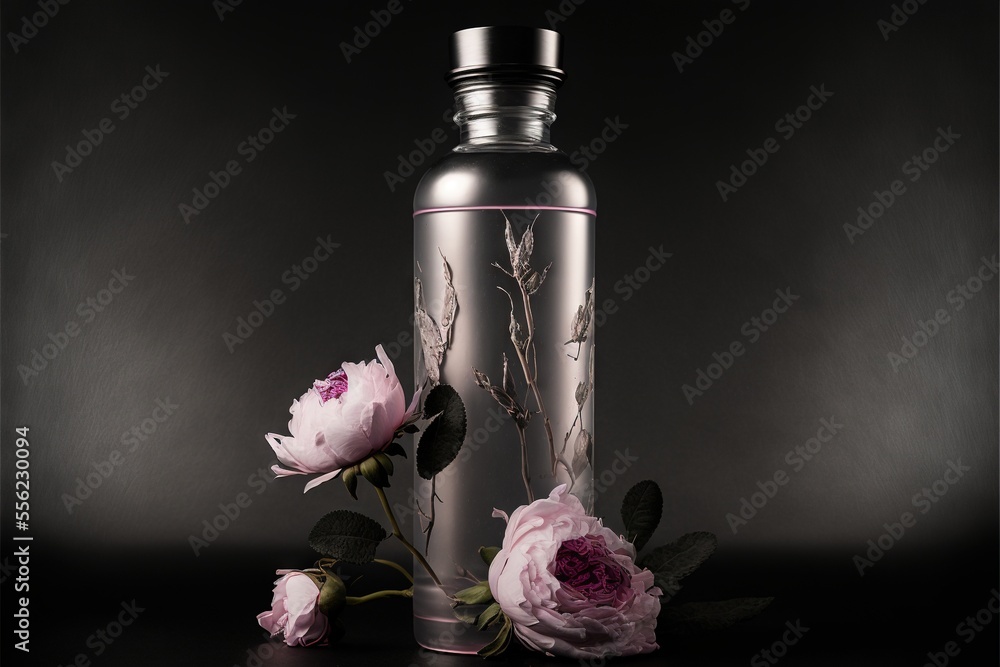 Poster a bottle with flowers on a table next to it and a vase with flowers on it on a table. generative ai
