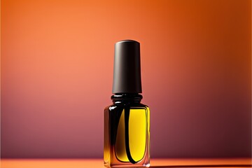  a bottle of yellow nail polish sitting on a table next to a red background with a black top and a black cap. Generative AI