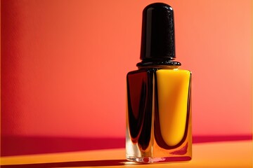  a bottle of yellow nail polish sitting on a table next to a red wall and a black topper. Generative AI
