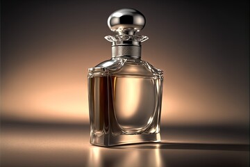  a bottle of perfume on a table with a brown background and a light reflection on the floor behind it. Generative AI
