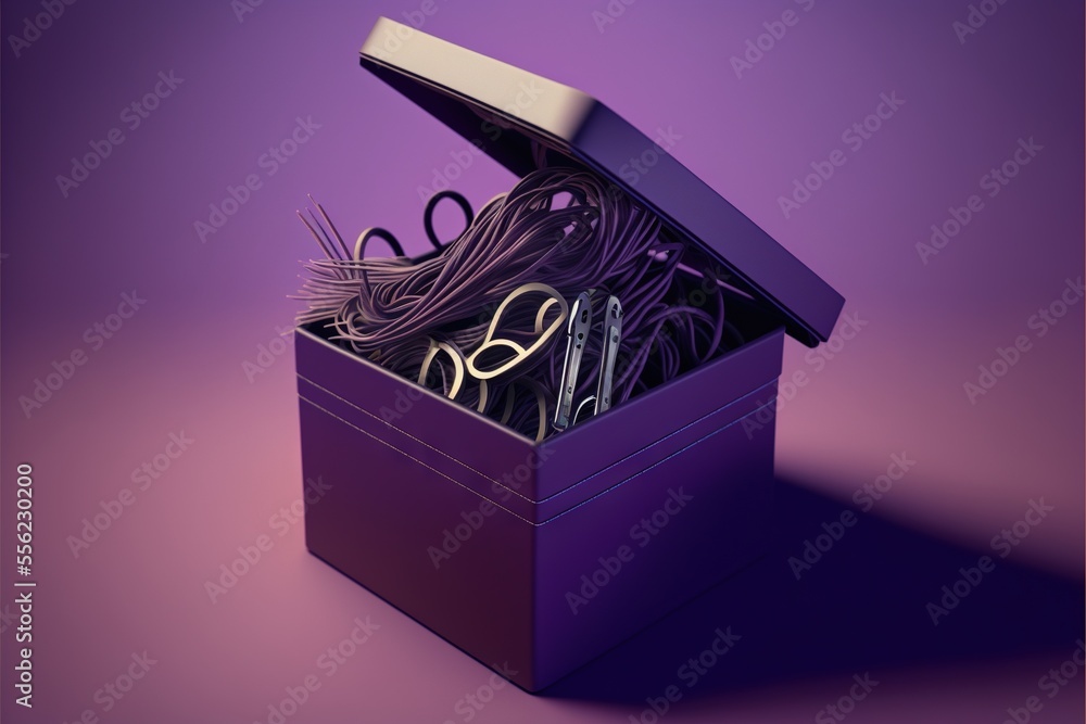 Poster  a box with scissors and a pair of scissors inside of it on a purple background with a shadow of the box. Generative AI