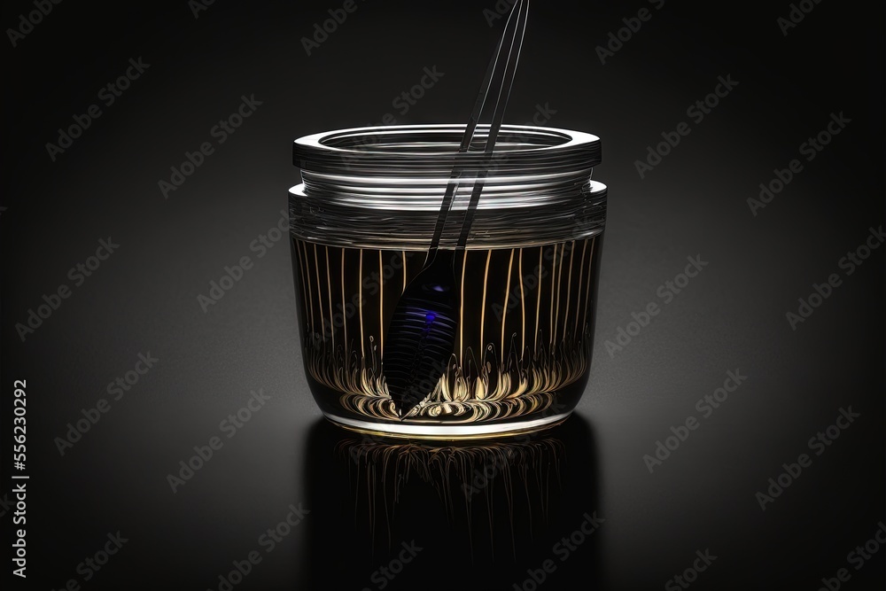 Poster a glass jar with a spoon inside of it on a table with a black background and a black background. gen
