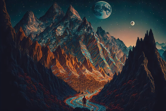 Stunning mountains, Geoff Darrow, fred Tomaselli, max river Generative AI