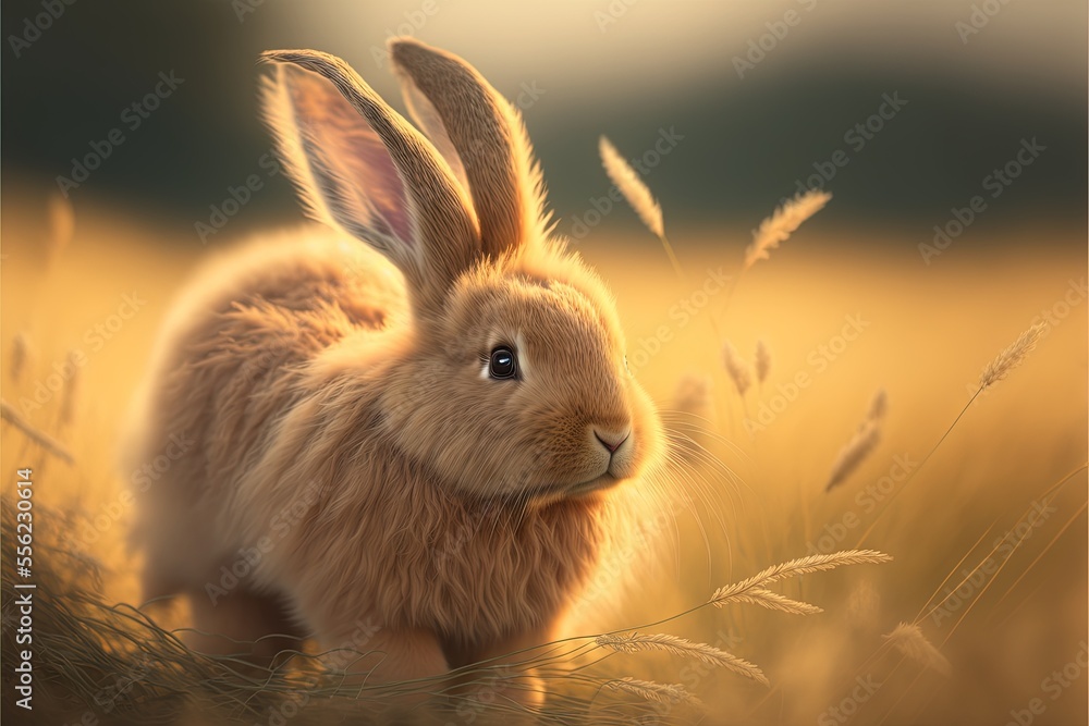Poster a rabbit is sitting in a field of grass and grass is in the foreground. generative ai