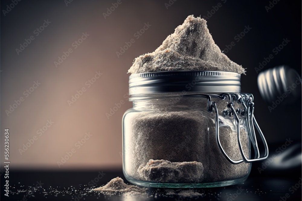 Poster a jar filled with sand next to a spoon and a spoon on a table with a blurry background. generative a