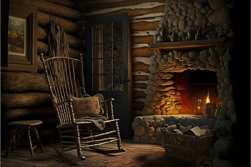  a rocking chair in a rustic log cabin with a fireplace and a painting on the wall above it that reads. Generative AI