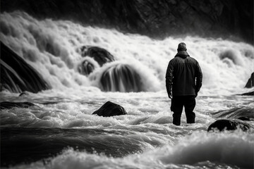 person standing in front of a waterfall, representing the passage of time and the constant forward movement of life. BLACK and WHITE, REALISTIC (AI Generated)