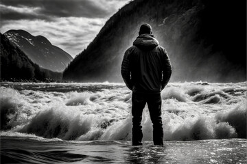 Obraz premium person standing in front of a flowing river, representing the passage of time and the constant forward movement of life. BLACK and WHITE, REALISTIC (AI Generated)