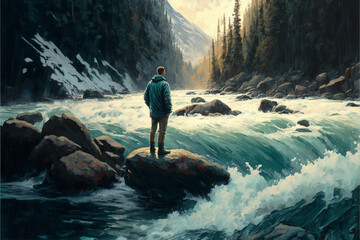 person standing in front of a flowing river, representing the passage of time and the constant forward movement of life. DIGITAL DRAWING (AI Generated)