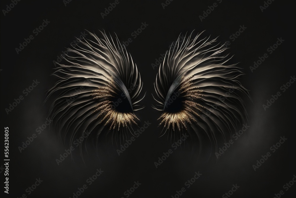 Poster a black background with two wings of a bird in the middle of it's wings. generative ai