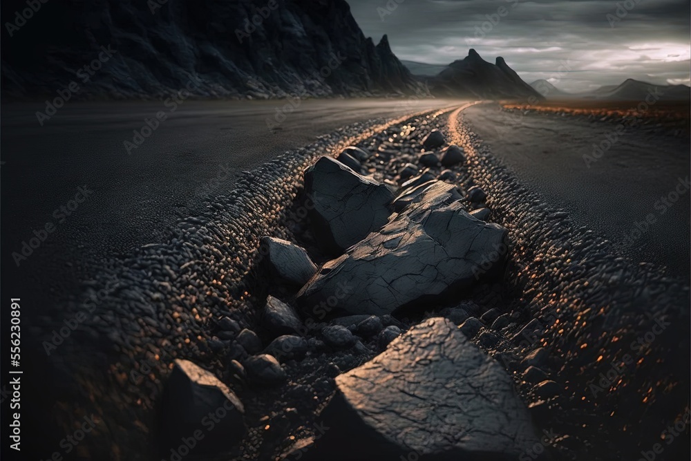 Poster a road with rocks and a rock in the middle of it with a mountain in the background at night. generat
